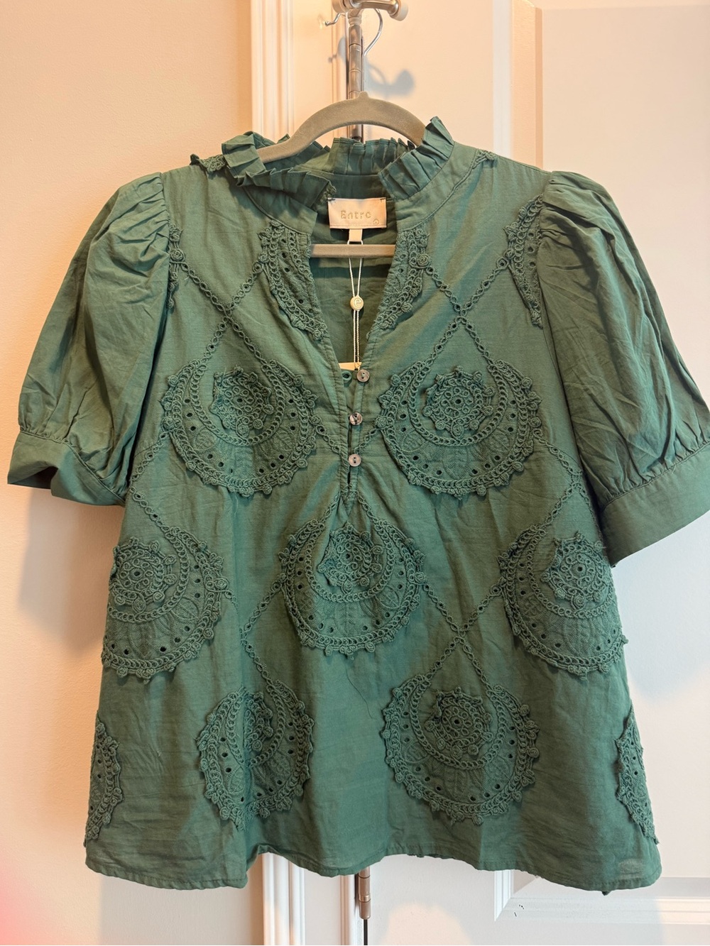 Entro Green Eyelet Crochet Puff-Sleeve Blouse